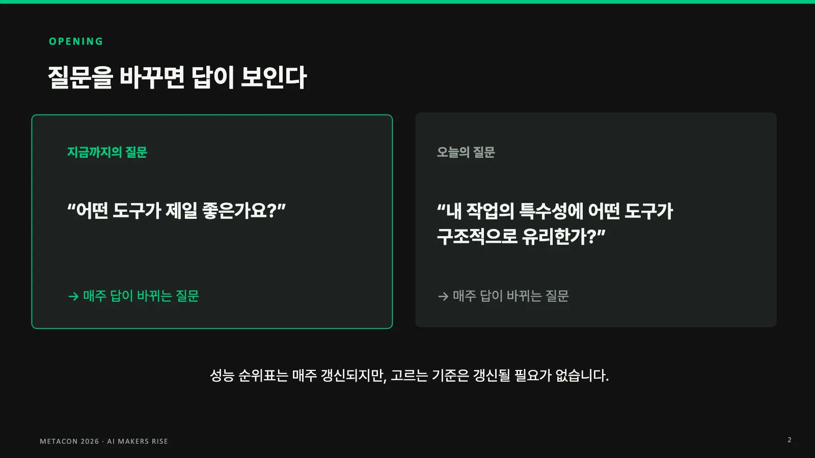 OPENING 질문을 바꾸면 답이 보인다 지금까지의 질문 “어떤 도구가 제일 좋은가요?” → 매주 답이 바뀌는 질문 오늘의 질문 “내 작업의 특수성에 어떤 도구가 구조적으로 유리한가?” → 매주 답이 바뀌는 질문 성