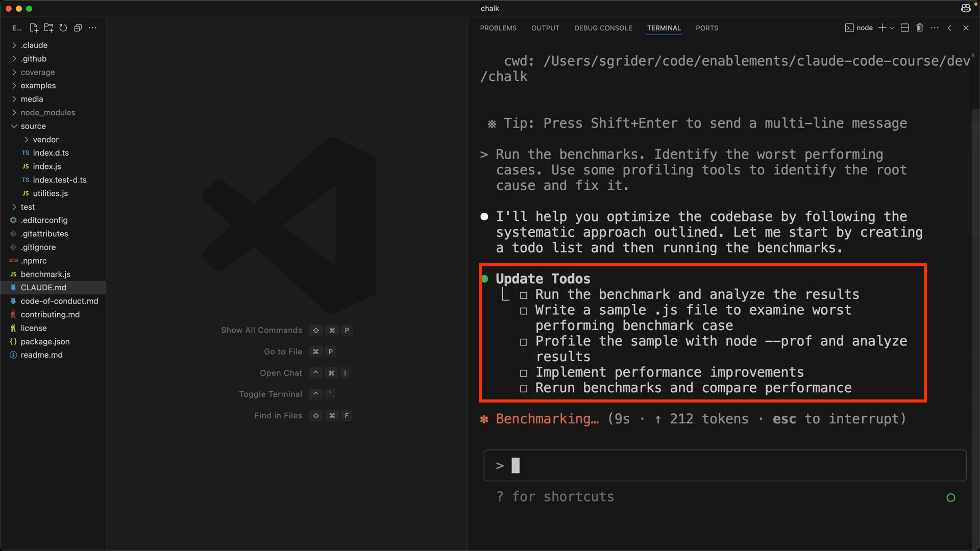 VS Code 터미널 화면에서 빨간색 테두리로 강조된 "Update Todos" 체크리스트, 벤치마크 실행 중인 상태 표시하며 진행 중인 작업 항목들을 보여줌.