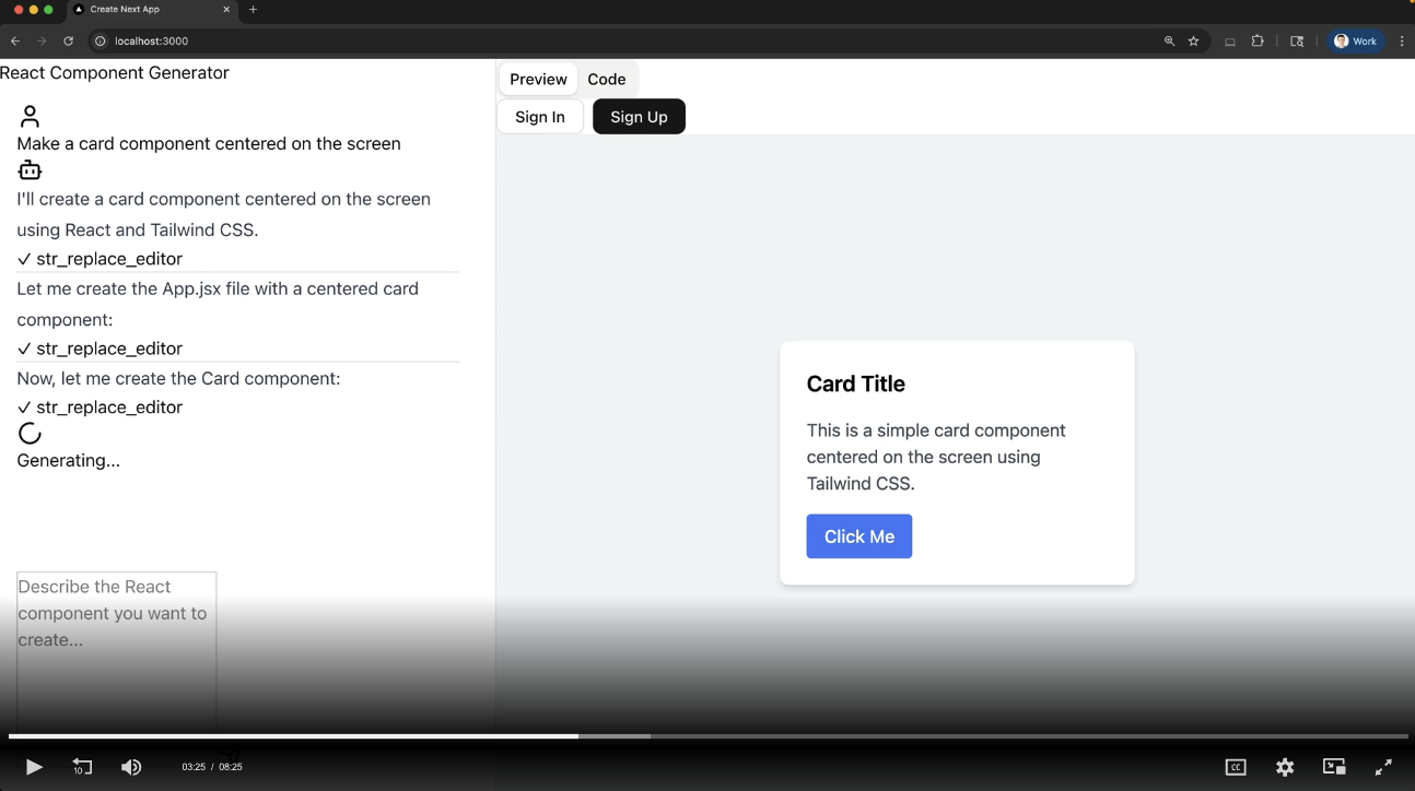 React Component Generator 웹 애플리케이션 스크린샷, 좌측에는 생성 진행 상황과 체크된 작업 목록, 우측에는 미리보기 탭에서 중앙 정렬된 카드 컴포넌트가 제목, 설명 텍스트, 파란 버튼과 함께 표시되고 있음.