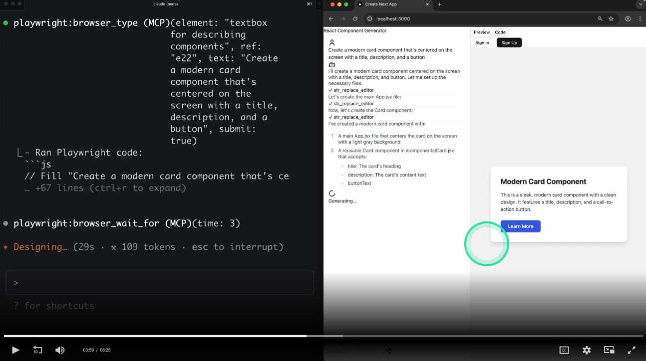 분할 화면, 왼쪽은 Playwright 코드 실행 중 "Designing..." 상태를 표시하고 오른쪽은 React Component Generator 웹 앱이 Modern Card Component 미리보기와 함께 로드되어 있습니다.