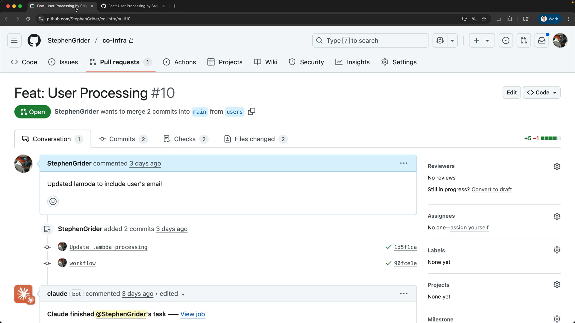 GitHub 풀 리퀘스트 페이지로, 'Feat: User Processing #10' 제목 아래 StephenGrider가 main 브랜치에 2개 커밋 병합을 요청 중이며, 2개 파일 변경, 2개 커밋, 2개 체크 항목이 표시됨.