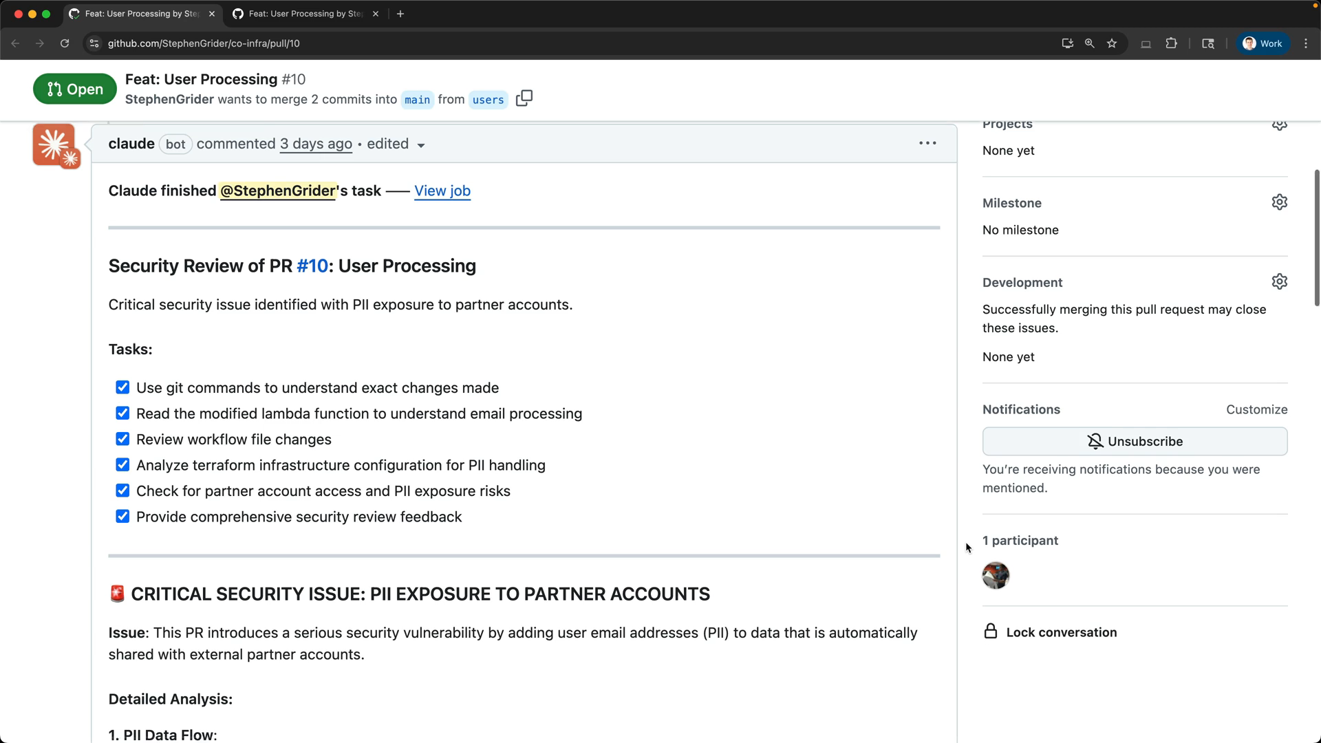 GitHub 풀 리퀘스트 #10 페이지로, 사용자 처리 기능의 보안 검토 내용이 표시되어 있으며 PII가 파트너 계정에 노출되는 심각한 보안 문제를 나열한 체크박스 목록이 보임.
