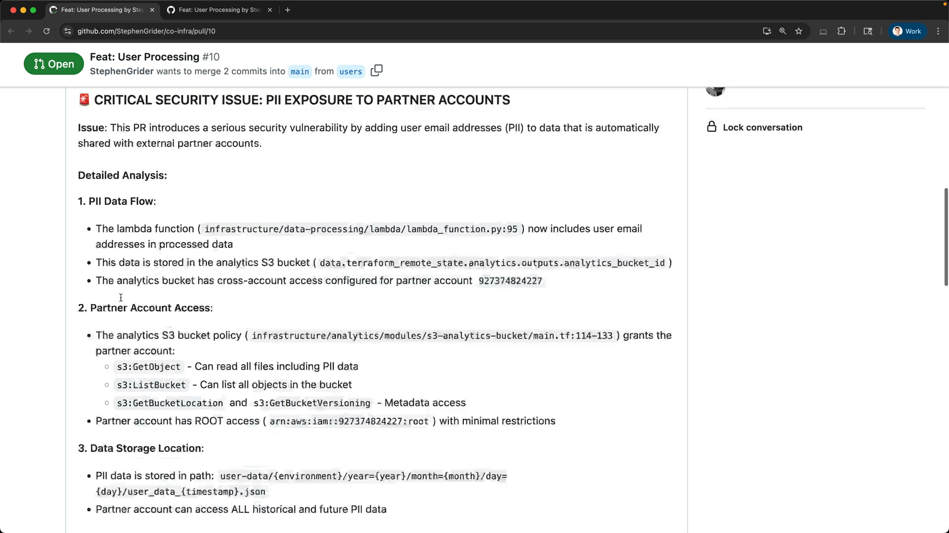 GitHub 풀 리퀘스트 화면으로 중요 보안 문제 점검 내용을 보여주고 있으며, PII 데이터가 파트너 계정에 노출되는 구체적인 데이터 흐름, 접근 권한, 저장 경로가 상세히 기록되어 있습니다.