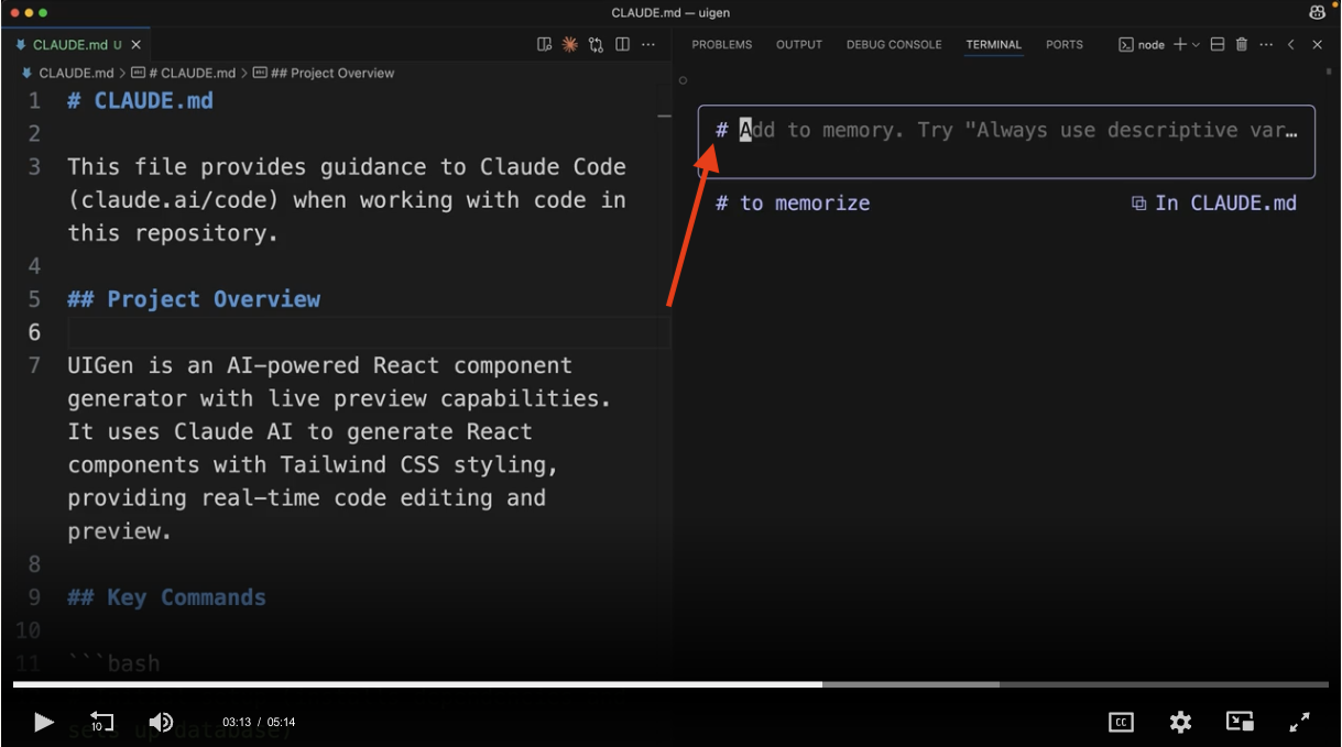 VSCode 에디터에서 CLAUDE.md 파일을 열고 있으며, 자동완성 팝업이 "Add to memory. Try Always use descriptive var..." 제안을 표시하고 있고 메모리 모드 추가 옵션을 보여주고 있습니다.