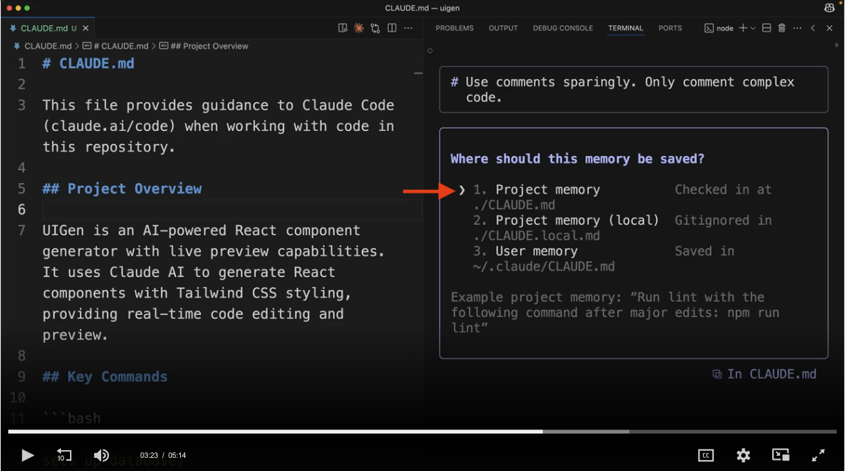 VS Code 편집기에서 CLAUDE.md 파일 열려 있고, 우측 Claude AI 대화창에서 메모리 저장 위치 선택지(프로젝트 메모리, 로컬 메모리, 사용자 메모리)가 표시됨.