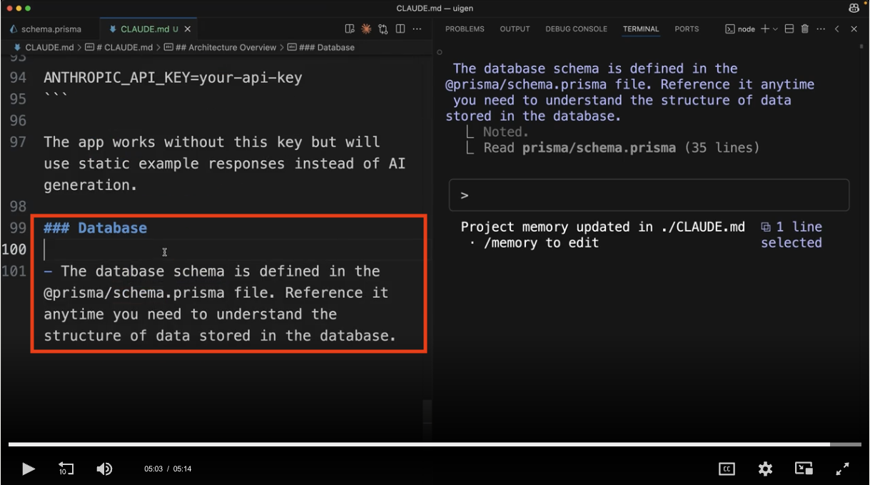 코드 편집기 화면. CLAUDE.md 파일 99-101줄에 빨간 테두리로 표시된 '### Database' 섹션. @prisma/schema.prisma 파일 참조에 관한 설명 텍스트. 우측에는 프로젝트 메모리 업데이트 완료 메시지와 선택된 상태 표시. 동영상 플레이어 하단에 03:03 / 06:14 재생 시간 표시.