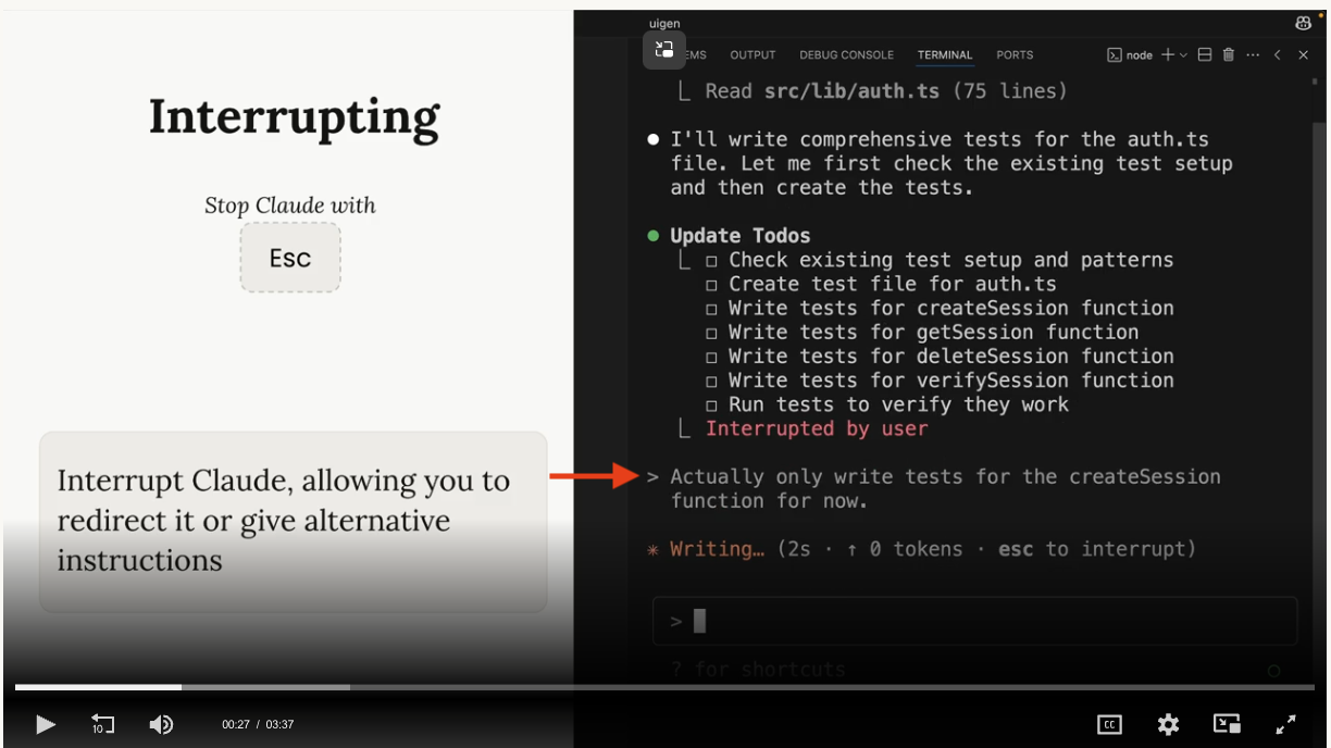 VS Code 터미널에서 Claude가 auth.ts 파일 테스트 작성 중이며, 화면 하단에 "Writing... (2s, 0 tokens, esc to interrupt)" 메시지가 표시되고 있습니다.