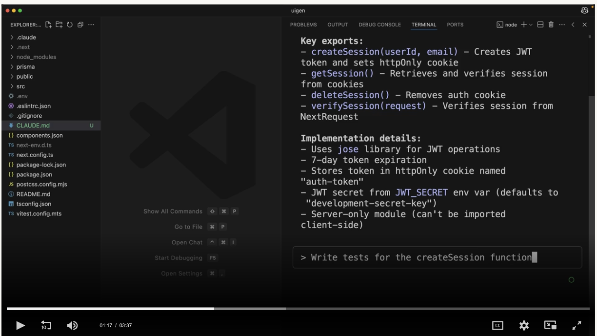 VS Code 화면에서 JWT 세션 관리 함수들의 주요 내보내기와 구현 세부사항을 표시하는 문서, 하단에 createSession 함수에 대한 테스트 작성을 요청하는 입력 필드가 있음.